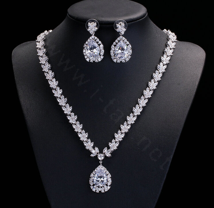 Luxury Banquet Wedding Jewelry Sets Water-drop Stud Earrings & Bridal Zircon Diamond Pendant Necklace