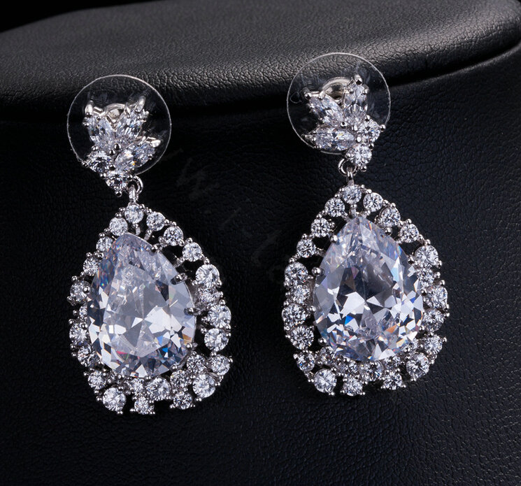 Luxury Banquet Wedding Jewelry Sets Water-drop Stud Earrings & Bridal Zircon Diamond Pendant Necklace