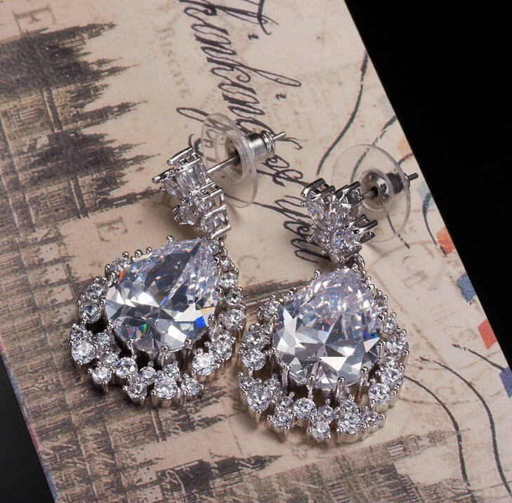 Luxury Banquet Wedding Jewelry Sets Water-drop Stud Earrings & Bridal Zircon Diamond Pendant Necklace