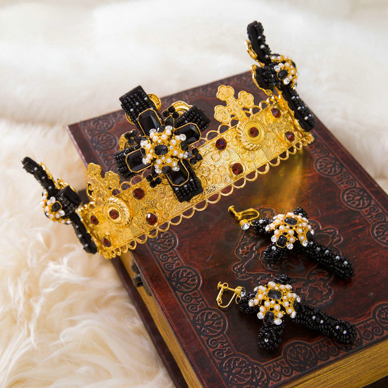 Luxury Baroque Wedding Jewelry Sets Crystal Gem Black Cross Bridal Rhinestone Tiara & Earrings