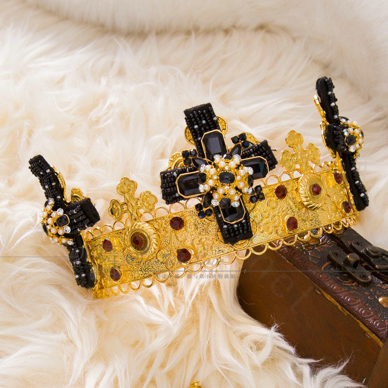 Luxury Baroque Wedding Jewelry Sets Crystal Gem Black Cross Bridal Rhinestone Tiara & Earrings