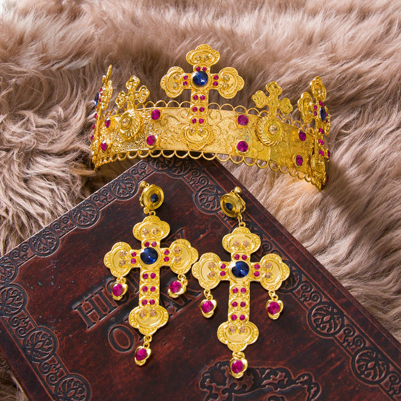 Luxury Baroque Wedding Jewelry Sets Crystal Gem Gold Cross Bridal Tiara & Earrings