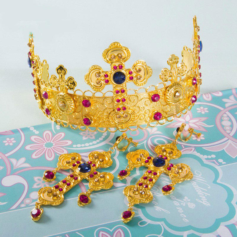 Luxury Baroque Wedding Jewelry Sets Crystal Gem Gold Cross Bridal Tiara & Earrings