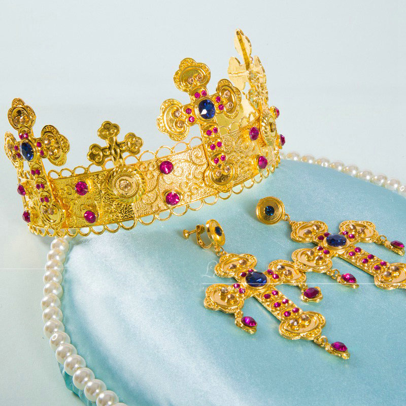 Luxury Baroque Wedding Jewelry Sets Crystal Gem Gold Cross Bridal Tiara & Earrings