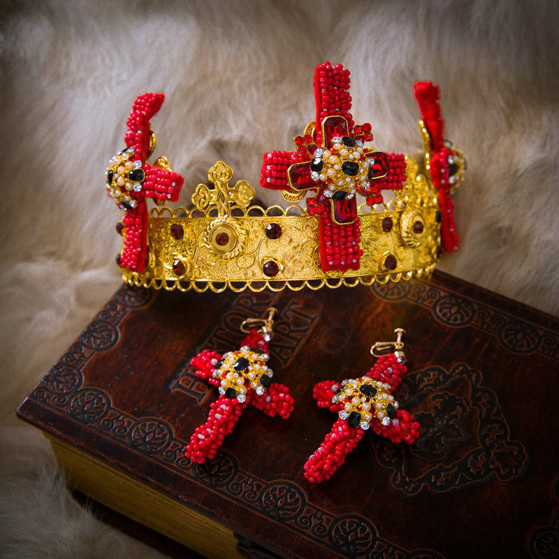 Luxury Baroque Wedding Jewelry Sets Crystal Gem Red Cross Bridal Rhinestone Tiara & Earrings