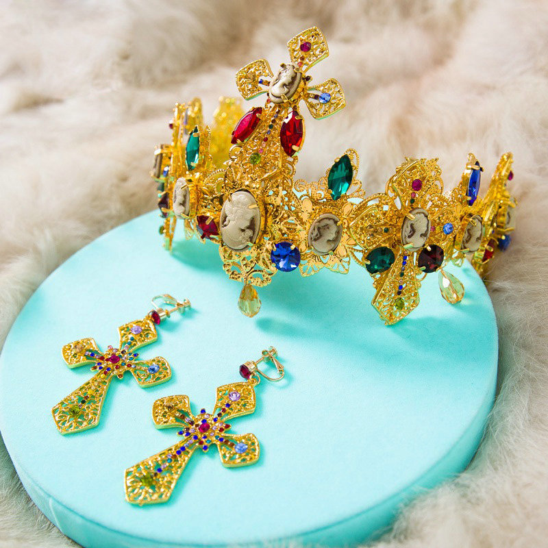 Luxury Baroque Wedding Jewelry Sets Crystal Queen Gem Gold Cross Bridal Tiara & Earrings