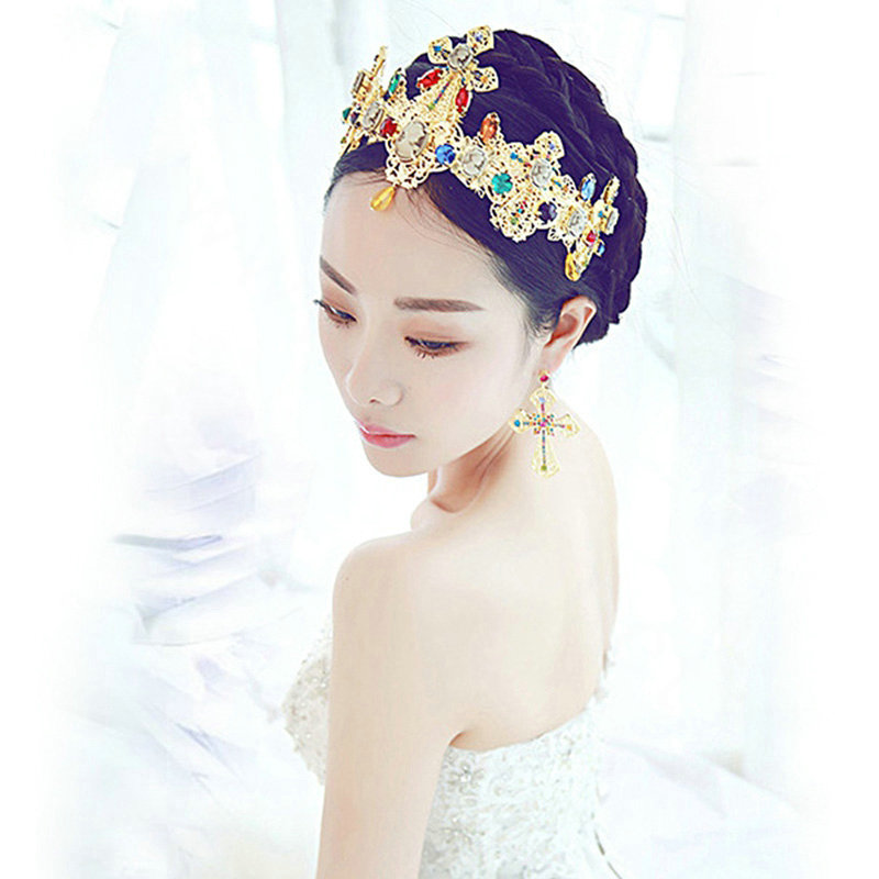 Luxury Baroque Wedding Jewelry Sets Crystal Queen Gem Gold Cross Bridal Tiara & Earrings