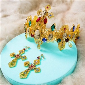 Luxury Baroque Wedding Jewelry Sets Crystal Queen Gem Gold Cross Bridal Tiara & Earrings