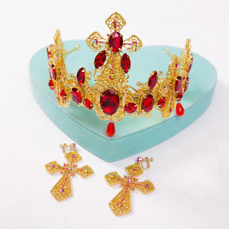 Luxury Baroque Wedding Jewelry Sets Crystal Red Gem Cross Bridal Rhinestone Tiara & Earrings