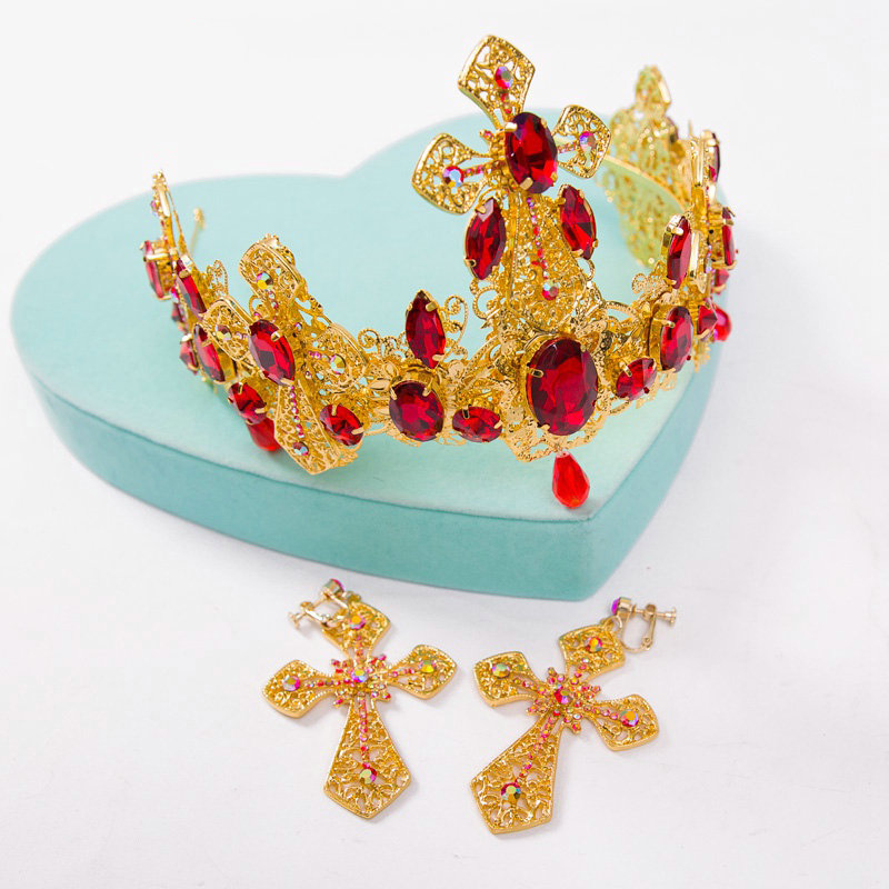 Luxury Baroque Wedding Jewelry Sets Crystal Red Gem Cross Bridal Rhinestone Tiara & Earrings