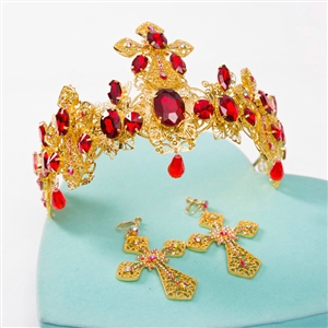 Luxury Baroque Wedding Jewelry Sets Crystal Red Gem Cross Bridal Rhinestone Tiara & Earrings