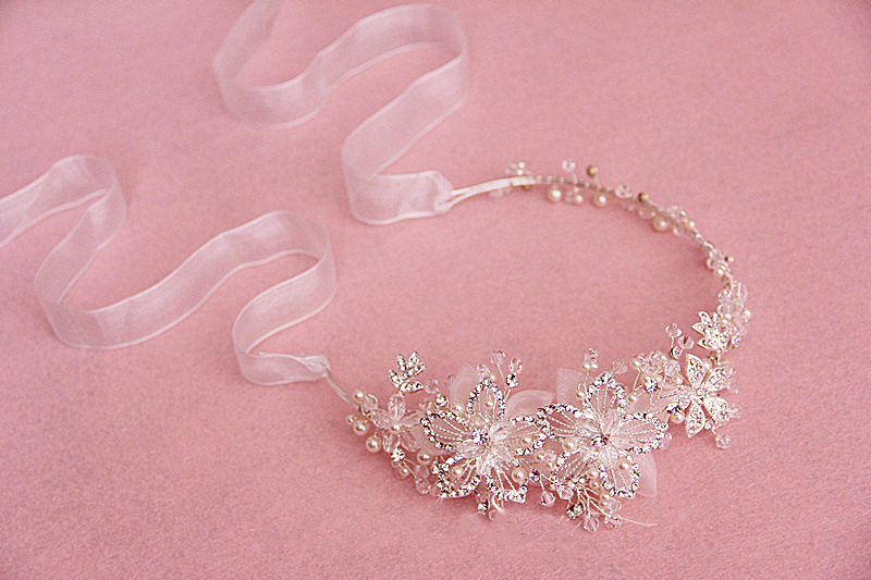 Luxury Beaded Crystal Flower Hair Band Pearl Silver Bridal Wedding Ribbon Hair Hoop Accessories