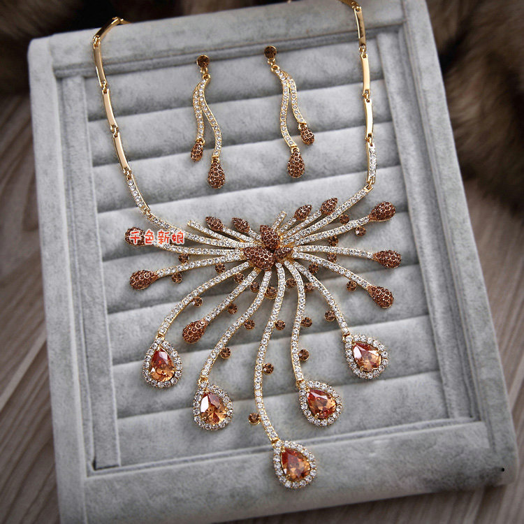 Luxury Champagne Wedding Bridal Accessories Water drops Diamond Crystal Necklace Earrings Sets