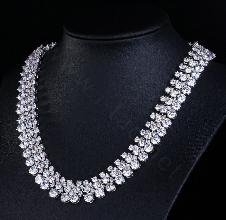Luxury Classic Banquet Wedding Jewelry Sets Diamond Stud Earrings & Bridal Zircon Statement Necklace