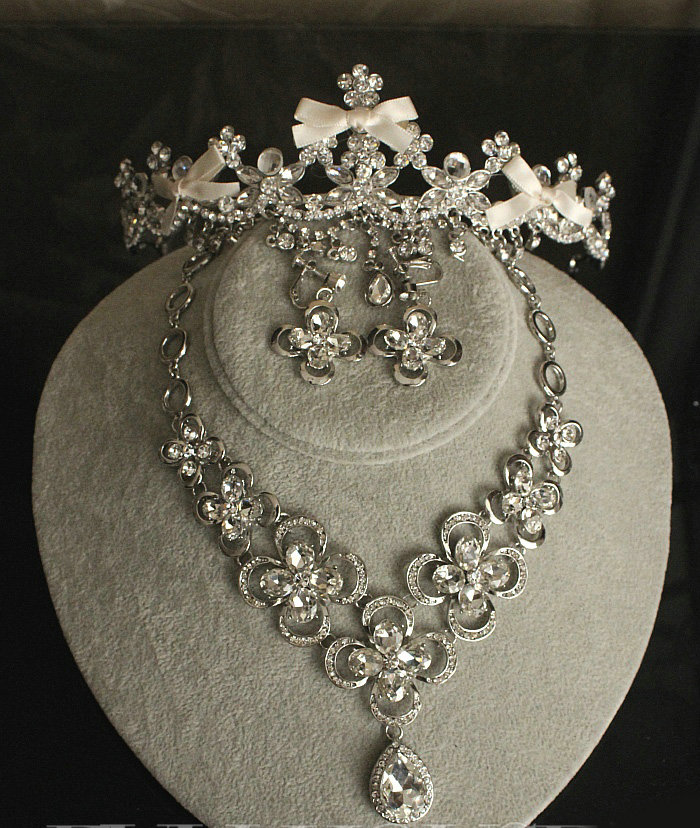 Luxury Classic Wedding Banquet Jewelry Sets Flower Crystal Tiara & Earrings & Bridal Necklace