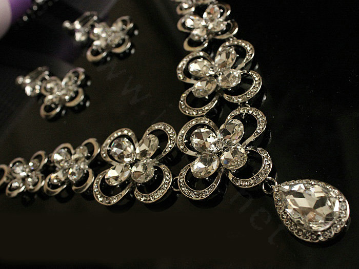 Luxury Classic Wedding Banquet Jewelry Sets Flower Crystal Tiara & Earrings & Bridal Necklace