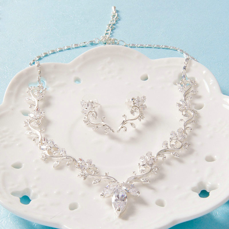 Luxury Classic Wedding Jewelry Sets Crystal Flower Vine Tiara & Earrings & Bridal Zircon Necklace