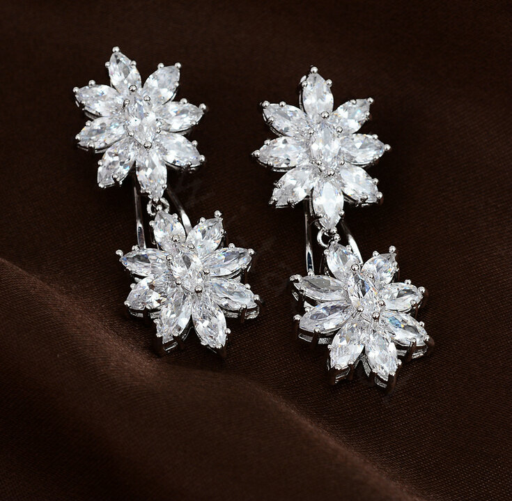 Luxury Elegant Banquet Wedding Jewelry Sets Diamond Flower Earrings & Bridal Zircon Statement Necklace