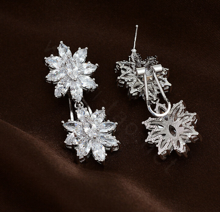 Luxury Elegant Banquet Wedding Jewelry Sets Diamond Flower Earrings & Bridal Zircon Statement Necklace