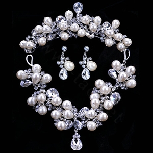 Luxury Elegant Wedding Jewelry Sets Flower Crystal Tiara & Earrings & Bridal Pearl Necklace