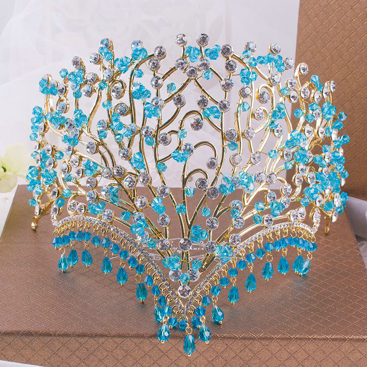 Luxury European Wedding Jewelry Blue Tassel Crystal Tiaras Bridal Crown Rhinestone Hair Accessories