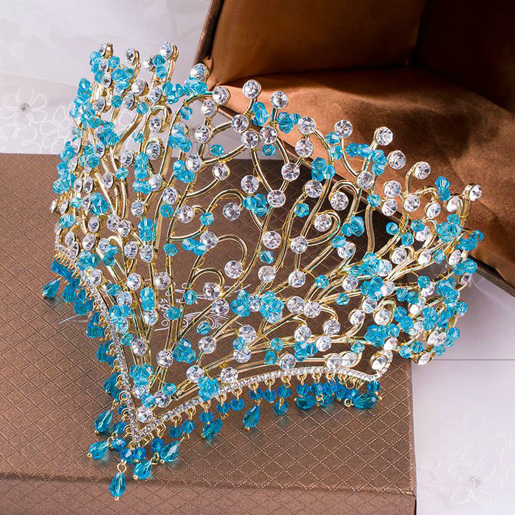 Luxury European Wedding Jewelry Blue Tassel Crystal Tiaras Bridal Crown Rhinestone Hair Accessories