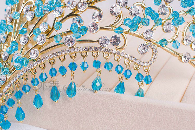 Luxury European Wedding Jewelry Blue Tassel Crystal Tiaras Bridal Crown Rhinestone Hair Accessories