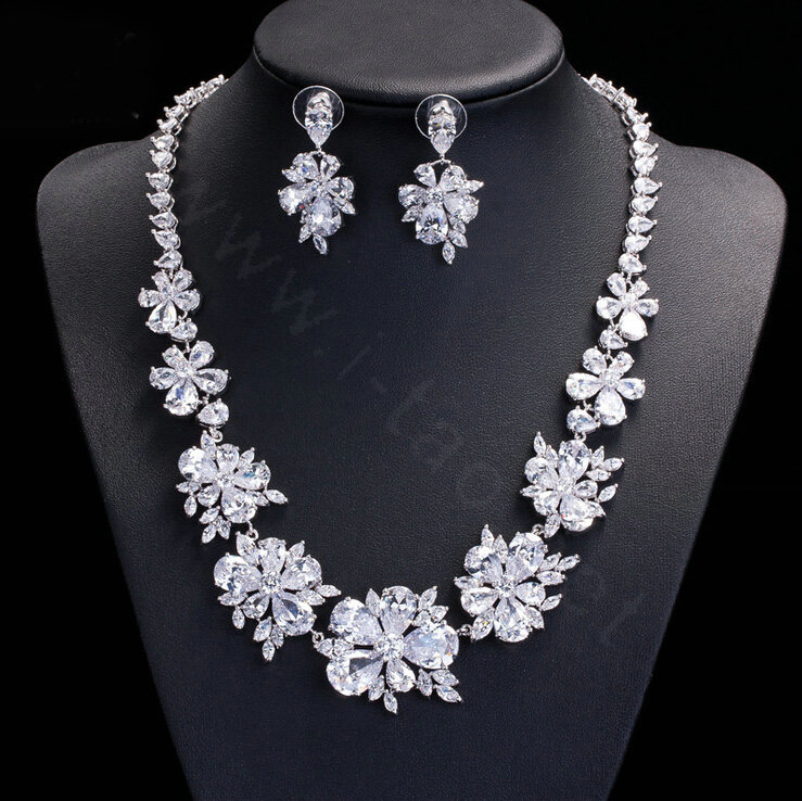 Luxury Evening Party Wedding Jewelry Sets Flower Stud Earrings & Bridal Zircon Statement Necklace
