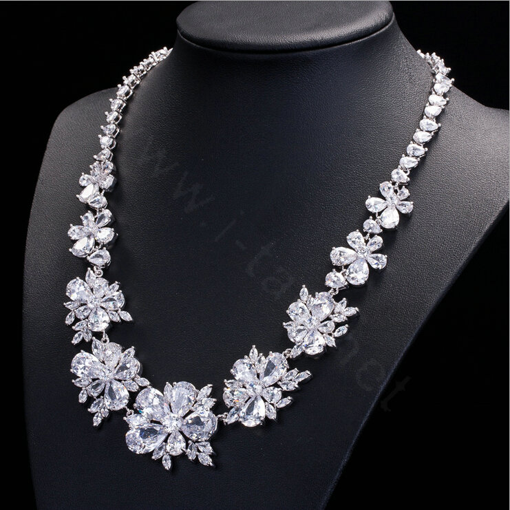 Luxury Evening Party Wedding Jewelry Sets Flower Stud Earrings & Bridal Zircon Statement Necklace