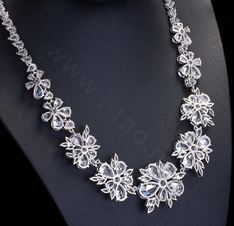 Luxury Evening Party Wedding Jewelry Sets Flower Stud Earrings & Bridal Zircon Statement Necklace
