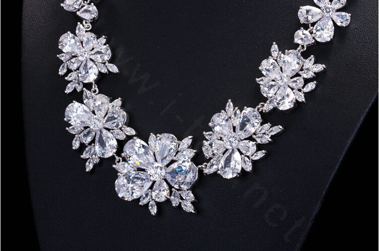 Luxury Evening Party Wedding Jewelry Sets Flower Stud Earrings & Bridal Zircon Statement Necklace
