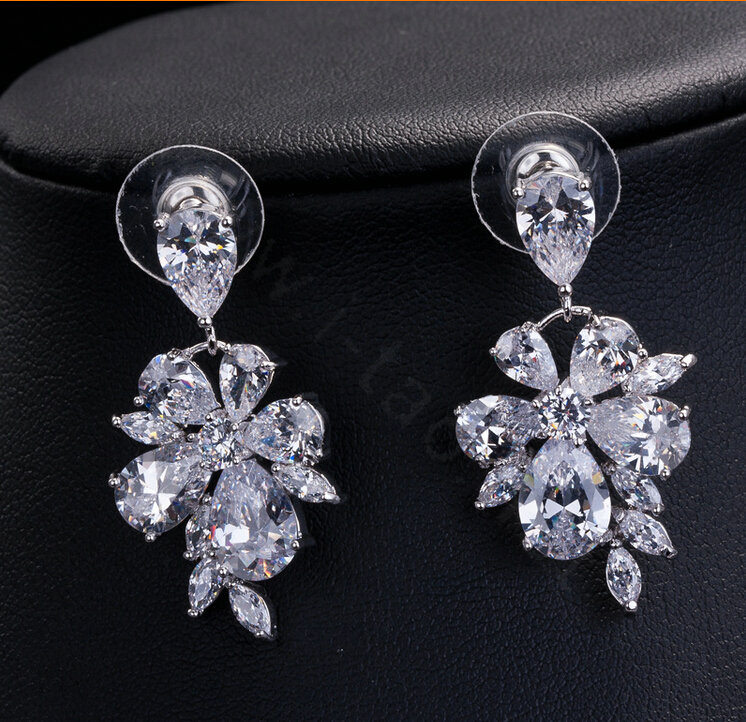 Luxury Evening Party Wedding Jewelry Sets Flower Stud Earrings & Bridal Zircon Statement Necklace