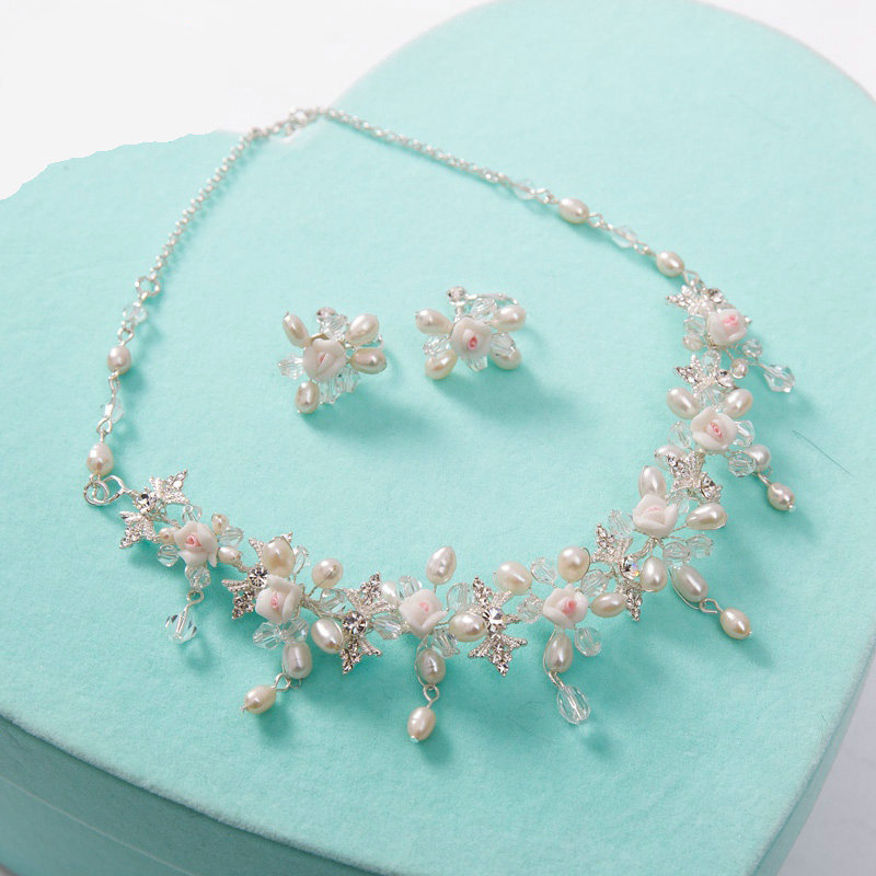 Luxury Fashion Wedding Jewelry Sets Pearl Flower by hand Crystal Bead Earrings & Bridal Necklace
