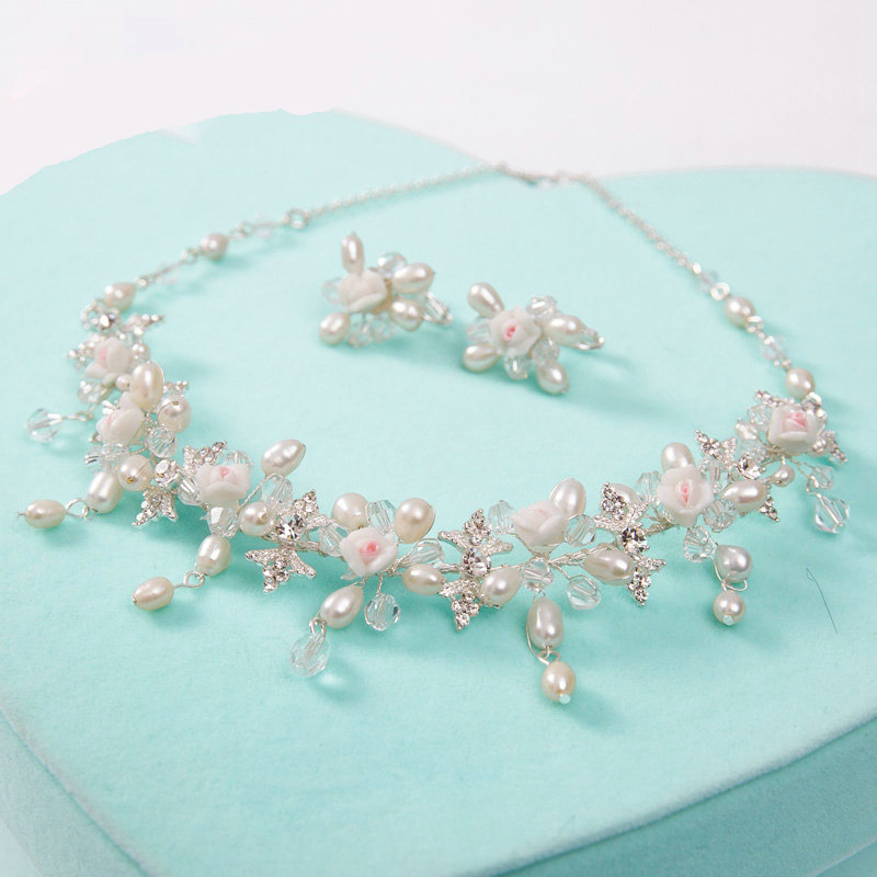 Luxury Fashion Wedding Jewelry Sets Pearl Flower by hand Crystal Bead Earrings & Bridal Necklace