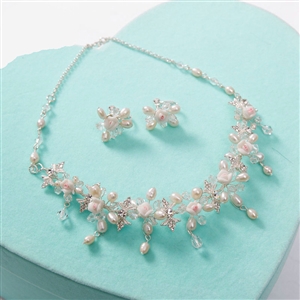 Luxury Fashion Wedding Jewelry Sets Pearl Flower by hand Crystal Bead Earrings & Bridal Necklace