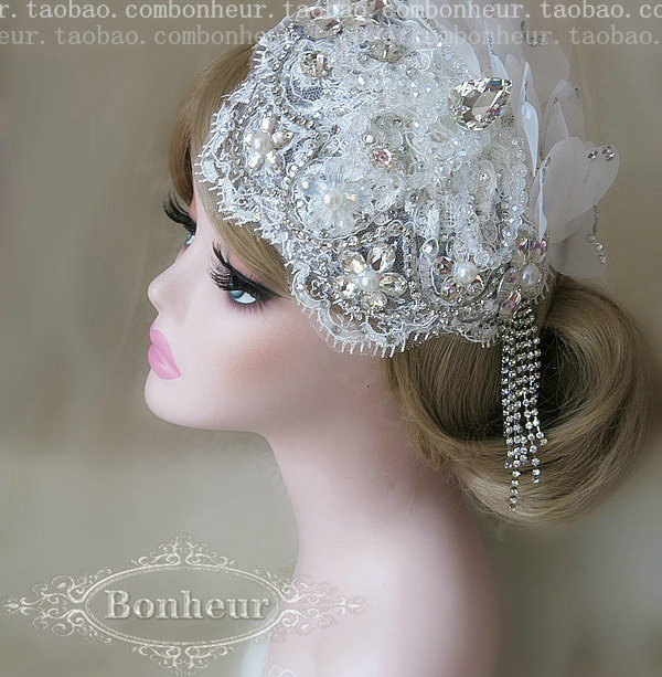 Luxury Pearl Crystal Bridal Hairwear Lace Flower Tassel Hair Headband Wedding Hair Accessories