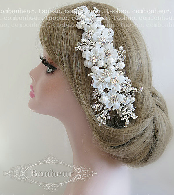 Luxury Pearl Crystal beads Bridal Hairwear Lace Flower Hair Headband Wedding Hair Accessories