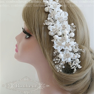 Luxury Pearl Crystal beads Bridal Hairwear Lace Flower Hair Headband Wedding Hair Accessories