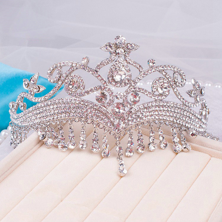 Luxury Retro Wedding Jewelry Flower Crystal Large Tassel Tiaras Bridal Rhinestone Crown Hair Accessories