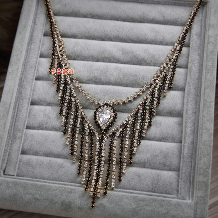 Luxury Rose Gold Wedding Bridal Accessories Elegant Tassel Crystal Necklace Earrings Sets