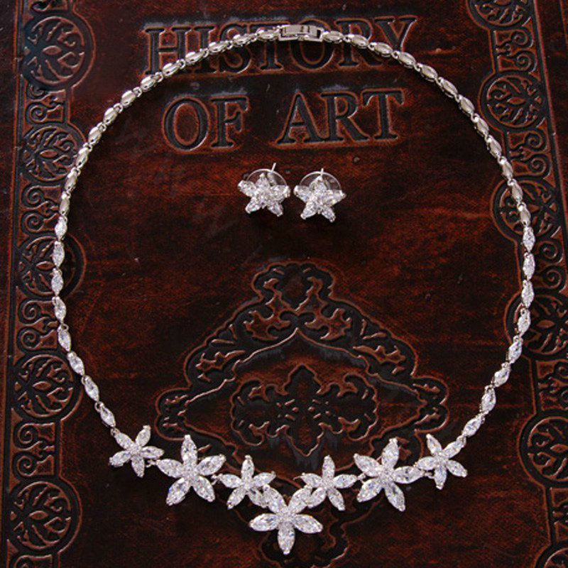 Luxury Simple Banquet Wedding Jewelry Sets Flower Earrings & Bridal AAA+ Zircon Statement Necklace