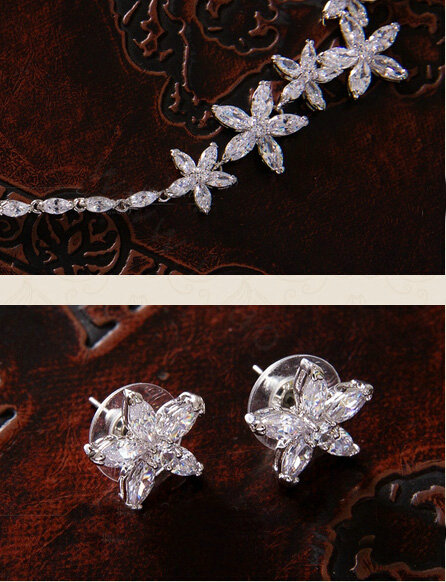 Luxury Simple Banquet Wedding Jewelry Sets Flower Earrings & Bridal AAA+ Zircon Statement Necklace