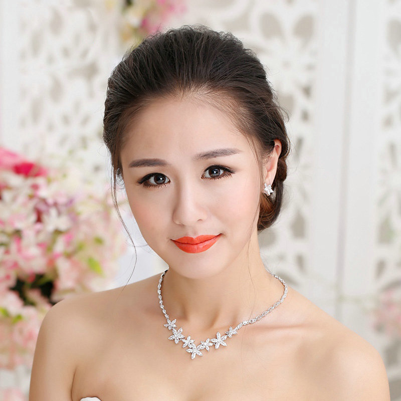 Luxury Simple Banquet Wedding Jewelry Sets Flower Earrings & Bridal AAA+ Zircon Statement Necklace