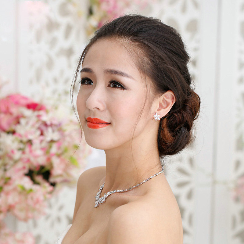 Luxury Simple Banquet Wedding Jewelry Sets Flower Earrings & Bridal AAA+ Zircon Statement Necklace