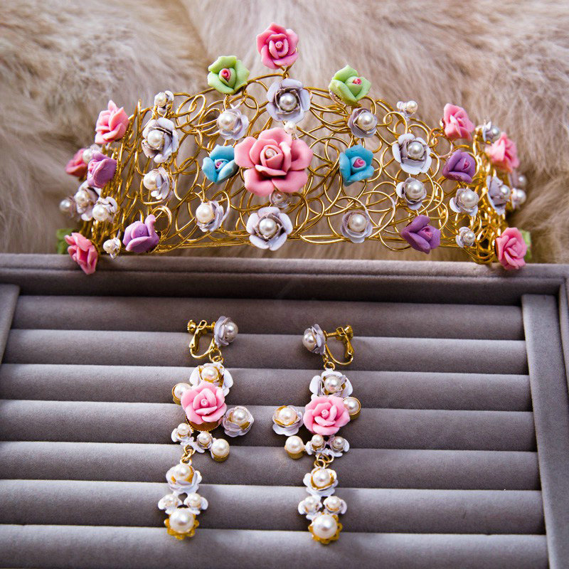 Luxury Sweet Wedding Jewelry Sets Crystal Pearl Flower Bridal Rhinestone Tiara & Earrings