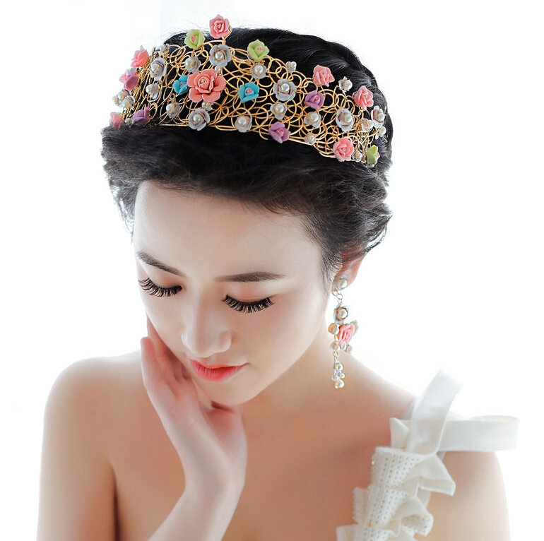 Luxury Sweet Wedding Jewelry Sets Crystal Pearl Flower Bridal Rhinestone Tiara & Earrings