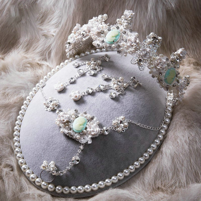 Luxury Tiara Wedding Jewelry Sets Crystal Lace Porcelain Flower Tiara & Earrings & Bridal Bracelet