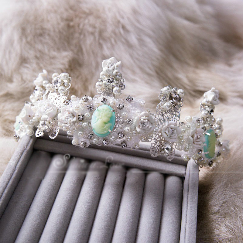 Luxury Tiara Wedding Jewelry Sets Crystal Lace Porcelain Flower Tiara & Earrings & Bridal Bracelet