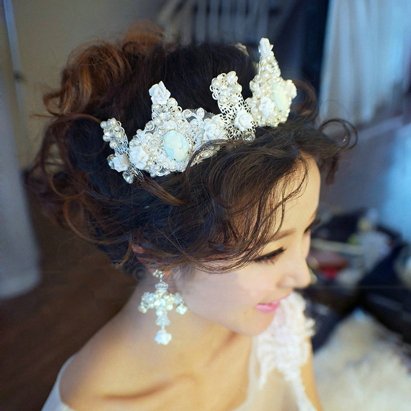 Luxury Tiara Wedding Jewelry Sets Crystal Lace Porcelain Flower Tiara & Earrings & Bridal Bracelet