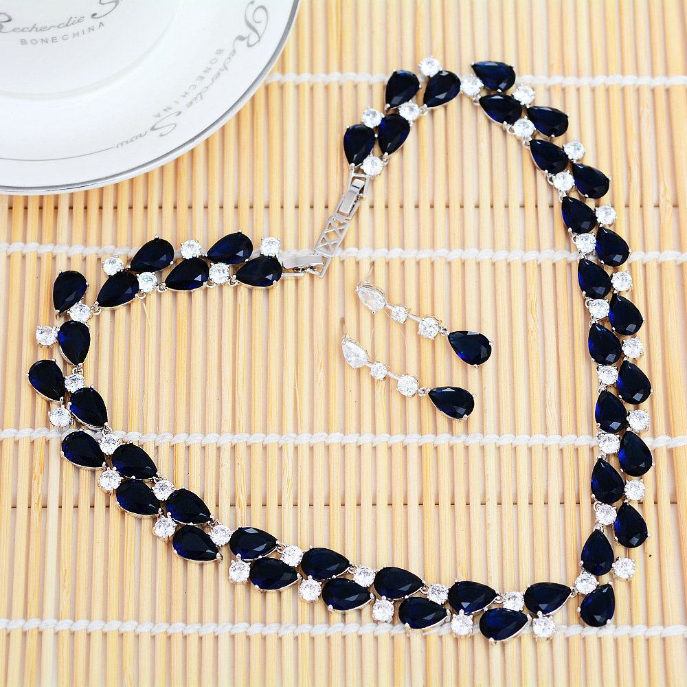 Luxury Wedding Banquet Jewelry Sets Diamond Blue Water-drop Earrings & Bridal AAA Zircon Statement Necklace